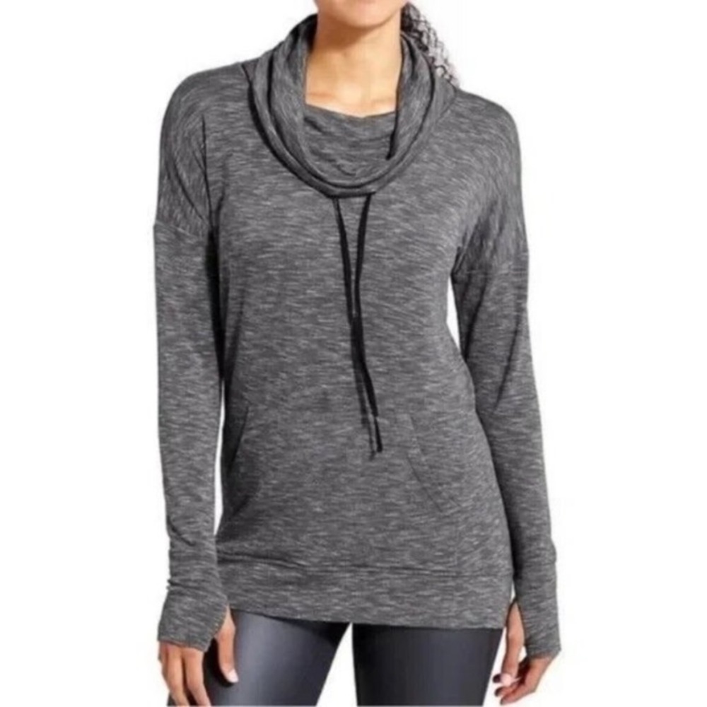 Athleta Women's Gray Studio Cowl Sweatshirt Thumbholes Kangaroo Pocket Medium